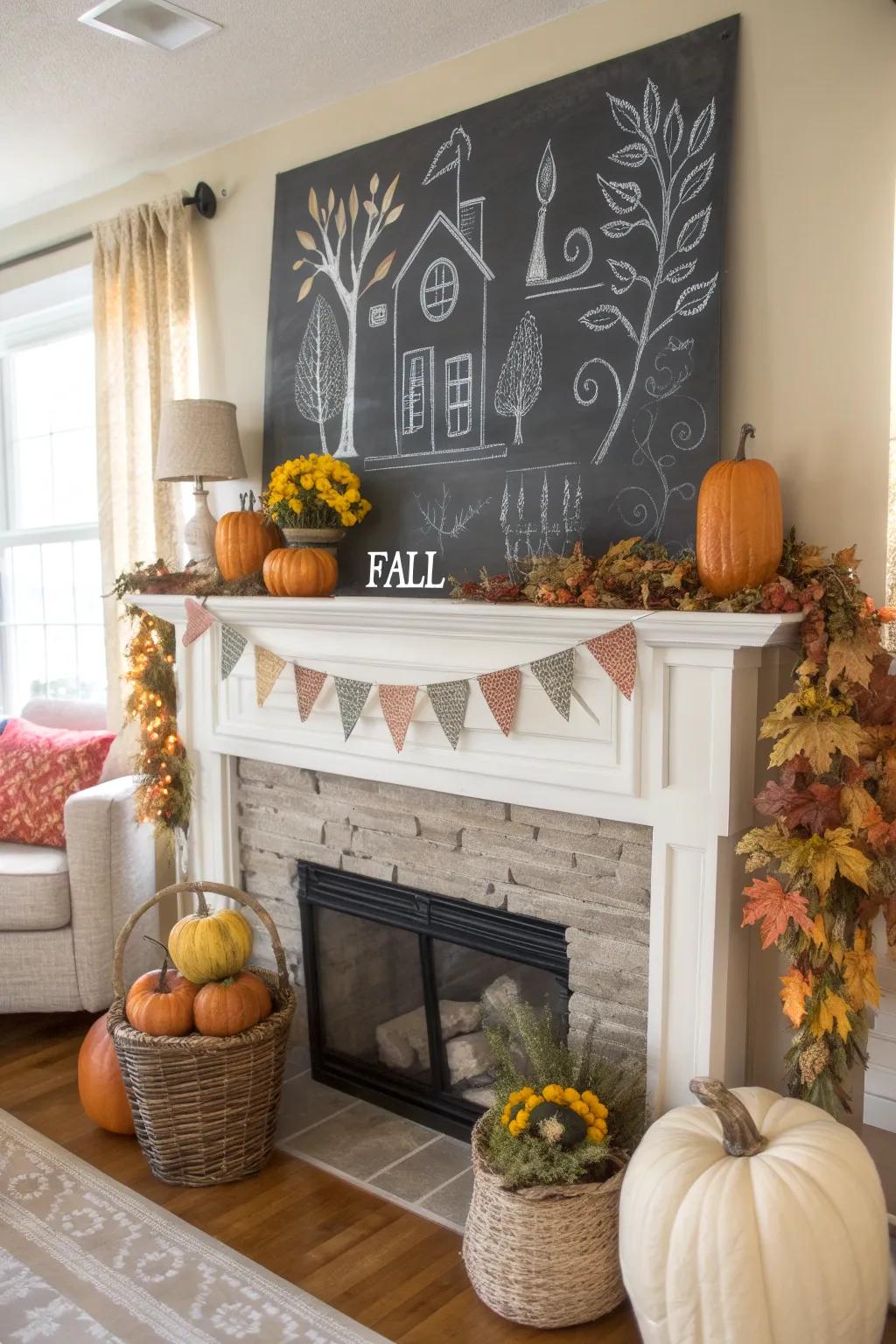 A cozy living room mantel featuring a chalkboard backdrop adorned with fall motifs.