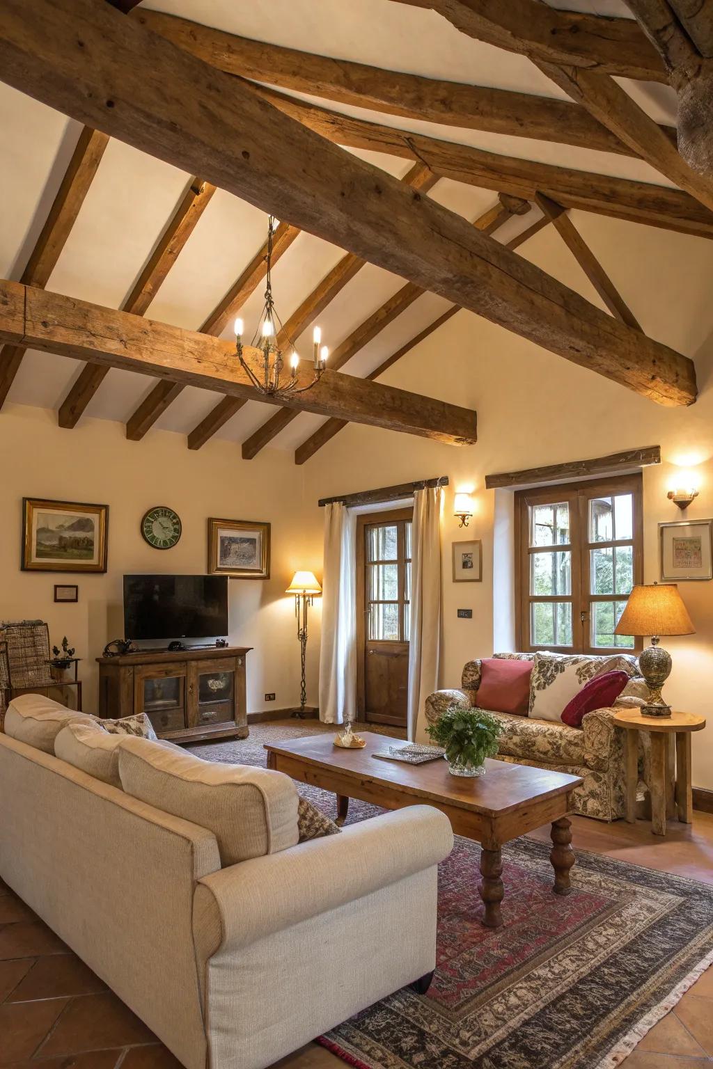 Exposed supports inject rustic charm and architectural appeal.