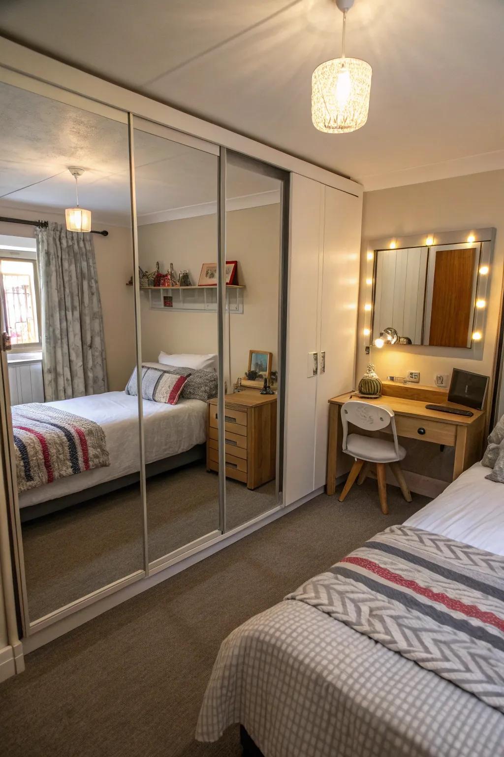 Reflective surfaces augment the visual expanse within this shared bedroom.