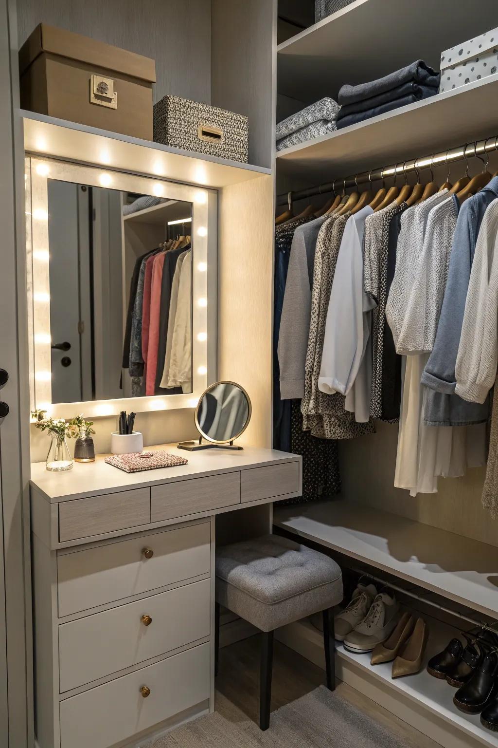 A compact segment of a closet turned into a personal vanity.