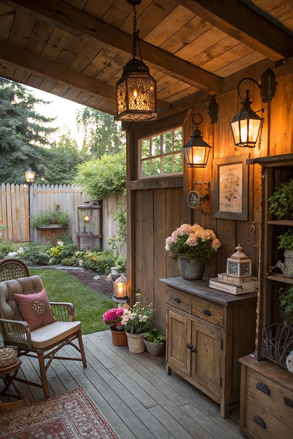 Transform your she shed into a rustic retreat with reclaimed wood and vintage style.