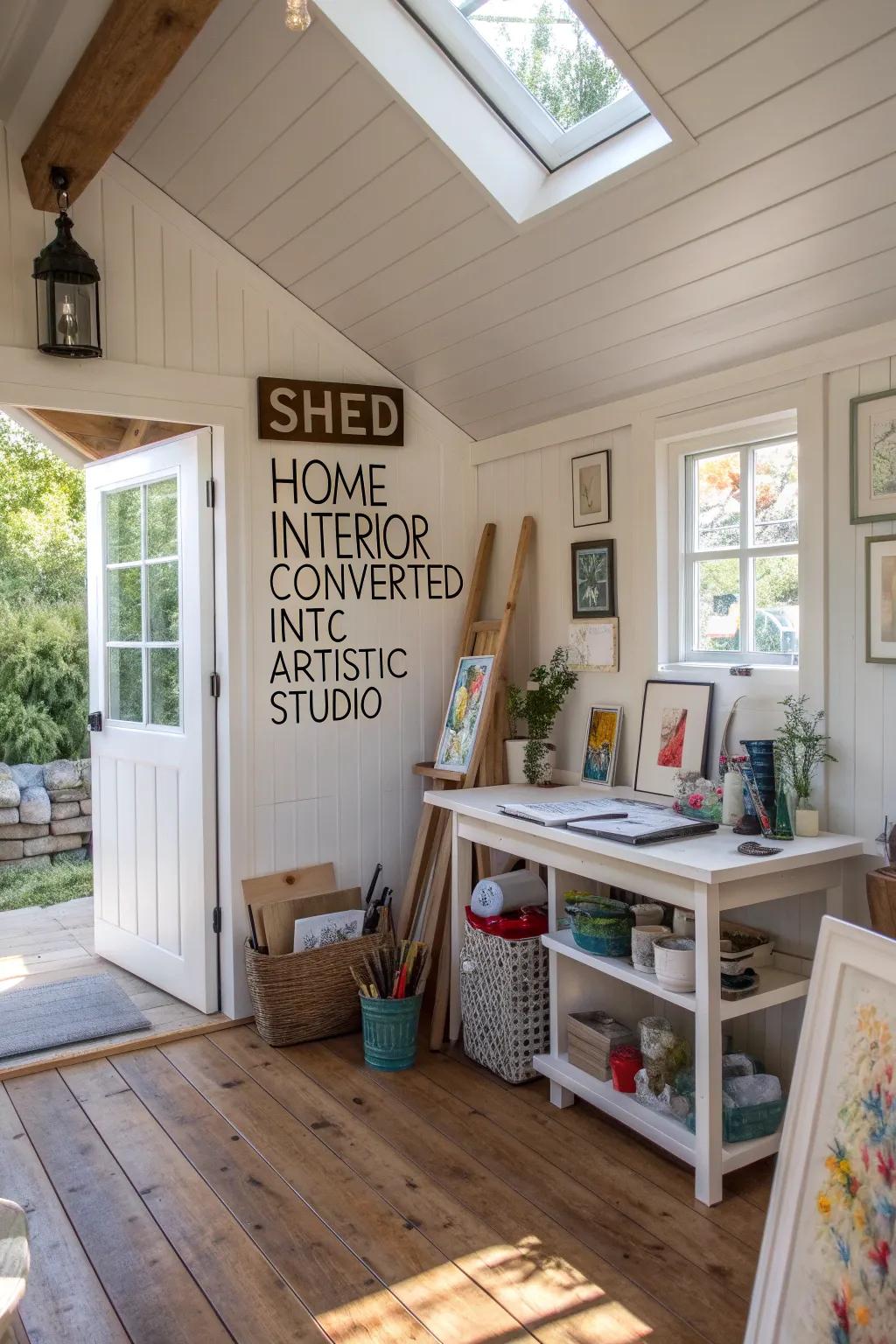A converted shed interior transformed into a creative studio sanctuary.