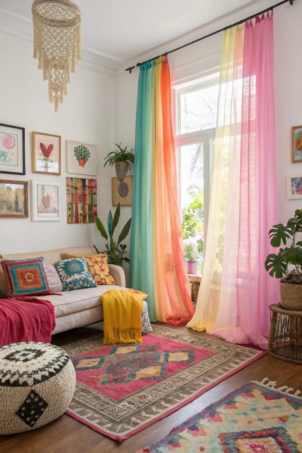 Vibrant light-filtering curtains infuse energy and function as a lively focal element in any room.