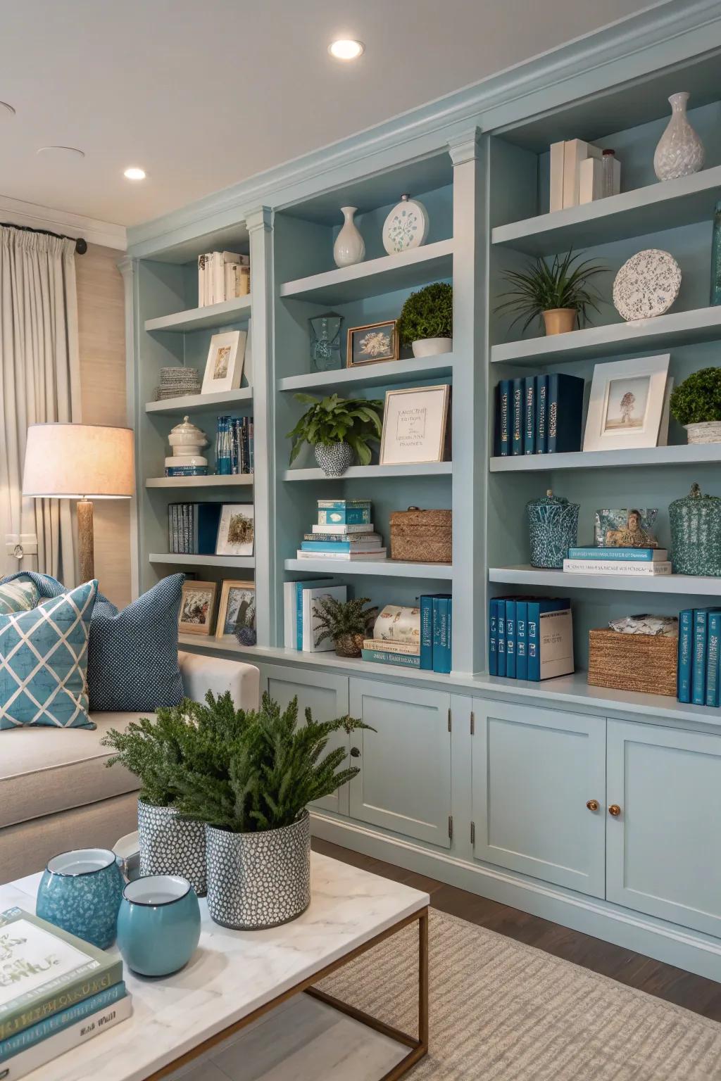 A consistent color scheme imparts harmony to shelf décor.