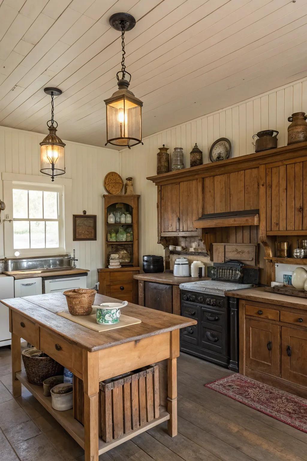 Vintage-inspired shiplap island radiating classic charm.