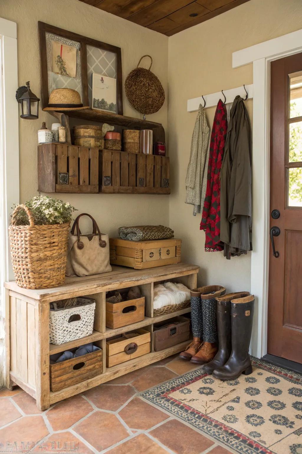 Repurposed vintage furniture delivering charming footwear storage.