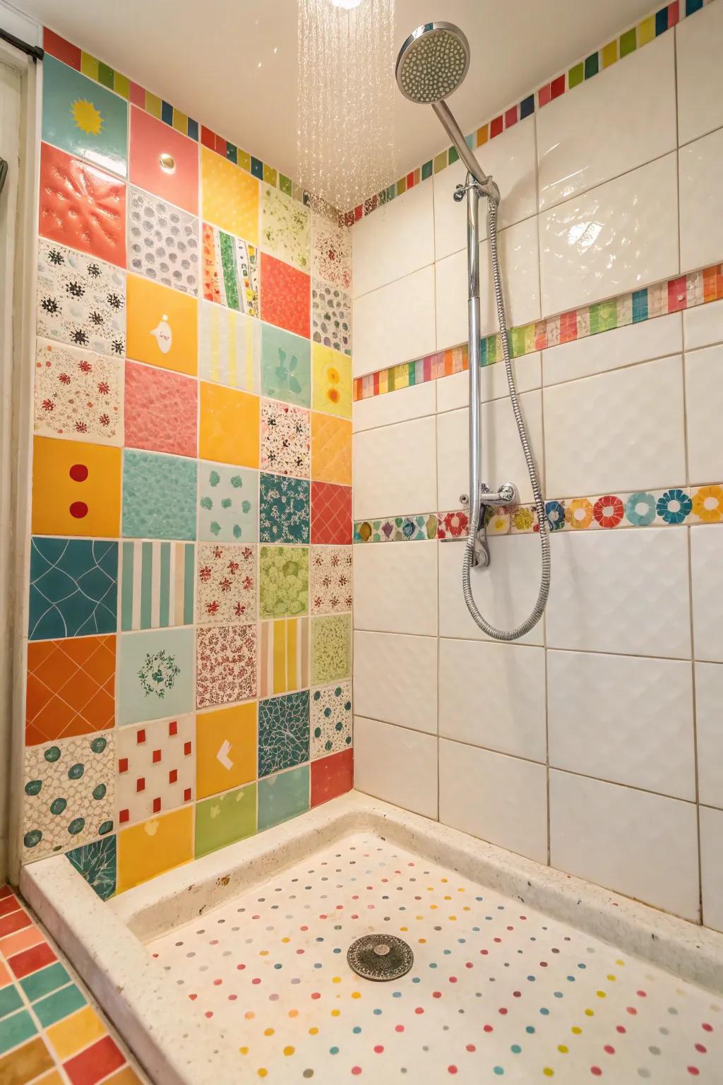 A shower base with a vibrant mix of brightly colored tiles for a lively and energetic look.