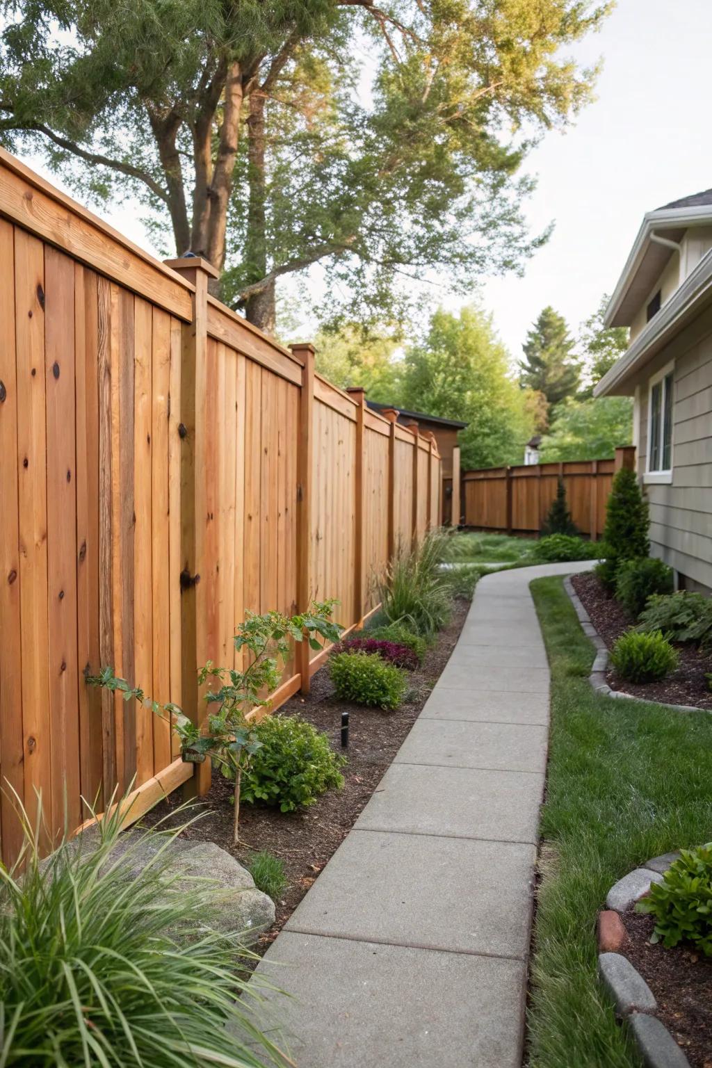 Inviting side yard featuring a cedar plank fence.
