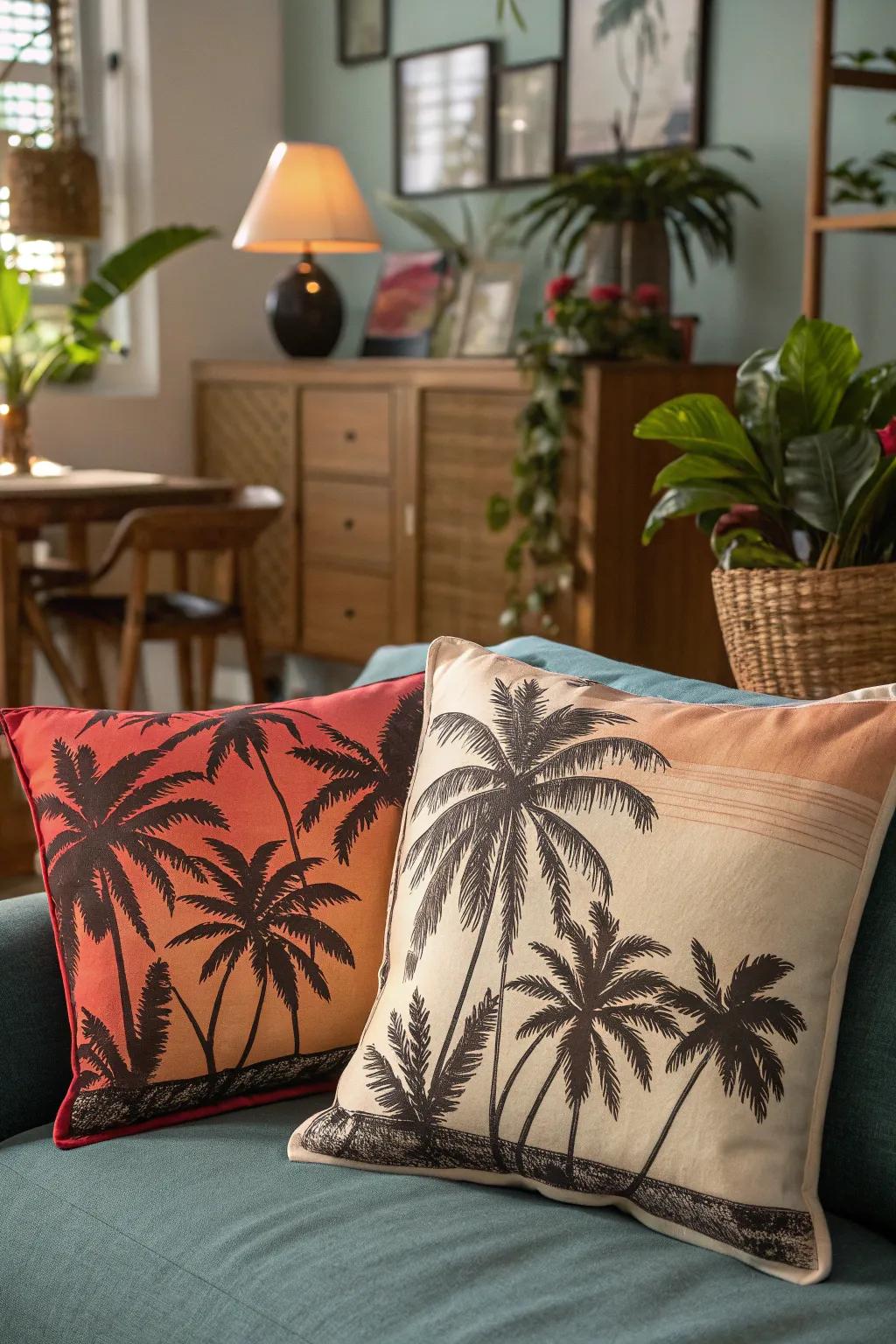 Palm tree silhouettes add a tropical touch.