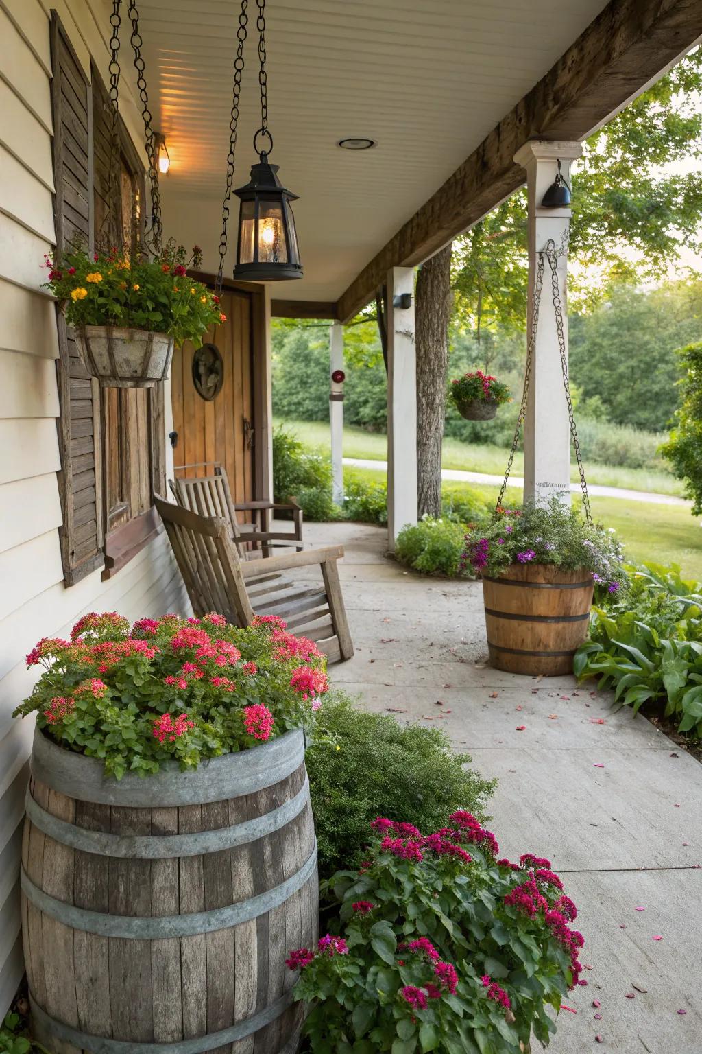 Incorporate enchantment with pastoral cask planters.