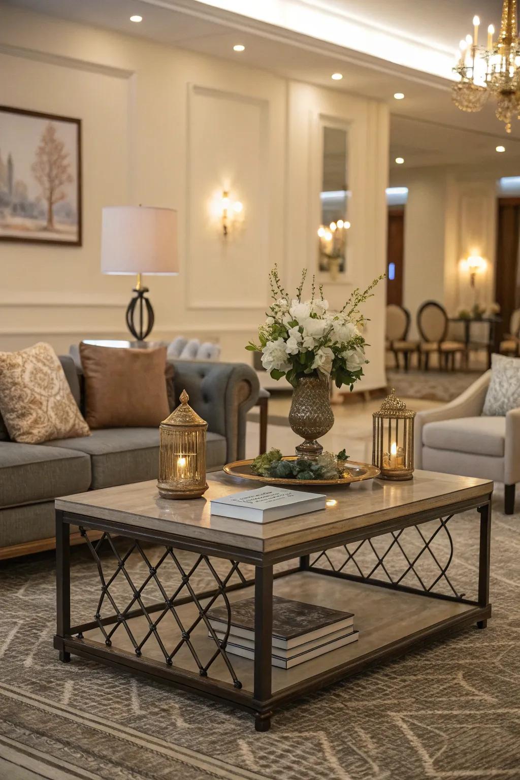 A coffee table anchoring the sitting area.