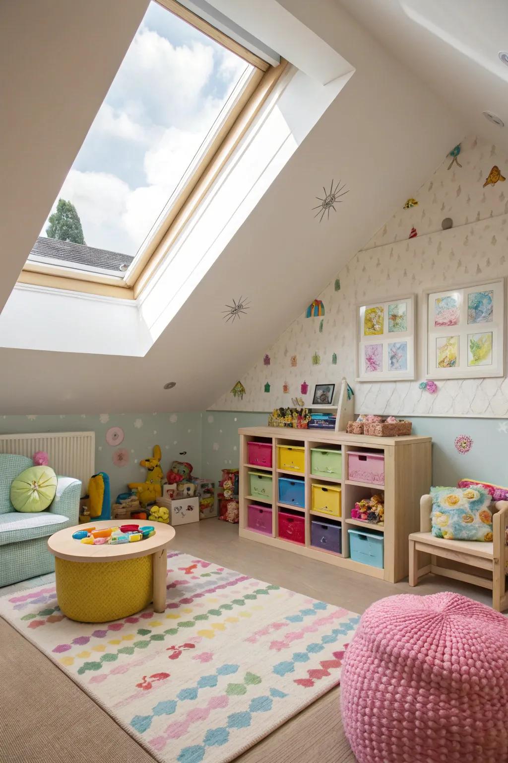 A children's playroom rendered enchanting via a skylight.