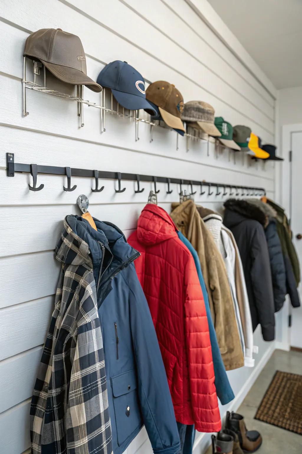 Garment hangers keep outerwear arranged.