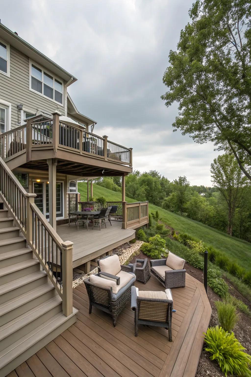 A split-level deck extends the entertainment area with flair.