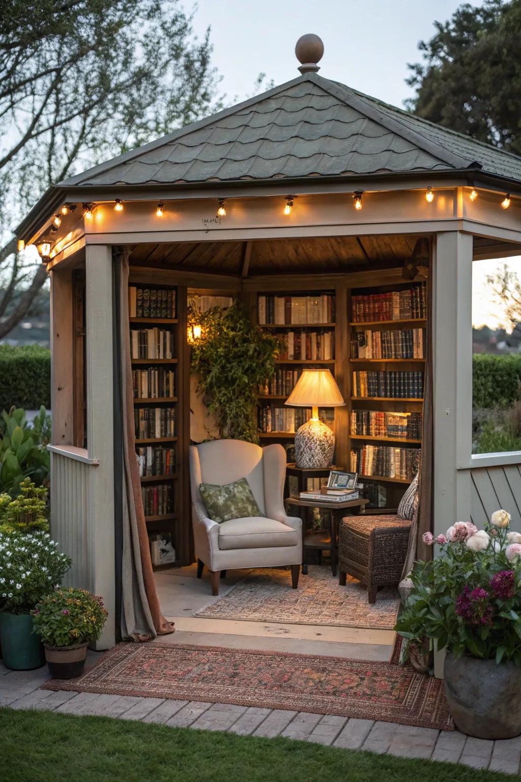 Forge a serene reading nook within your pavilion.