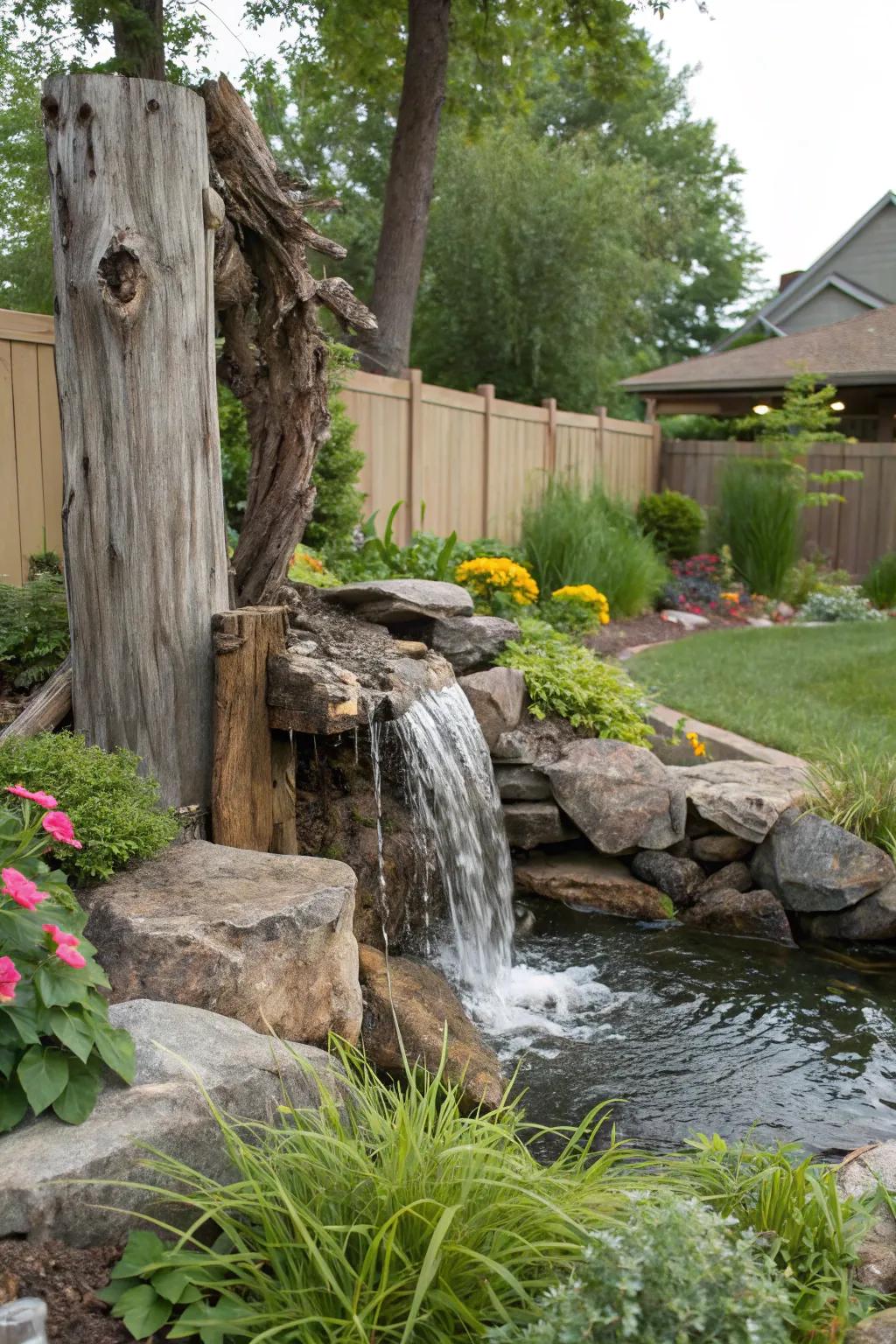 A driftwood waterfall proffers natural allure and a coastal sensibility.