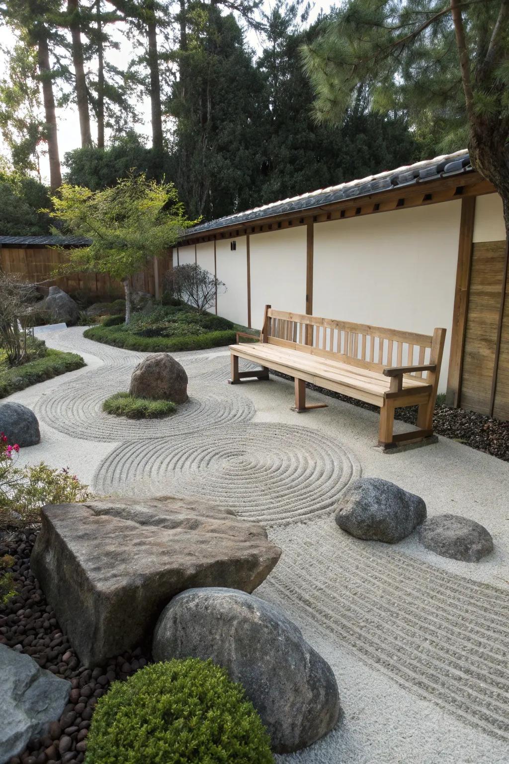 A zen garden features a simple wooden bench, perfect for meditation and relaxation.