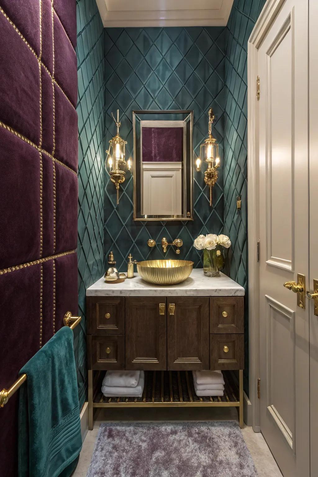 Velvet-textured panels are showcased in a compact bathroom, engendering a lavish and comfortable space.