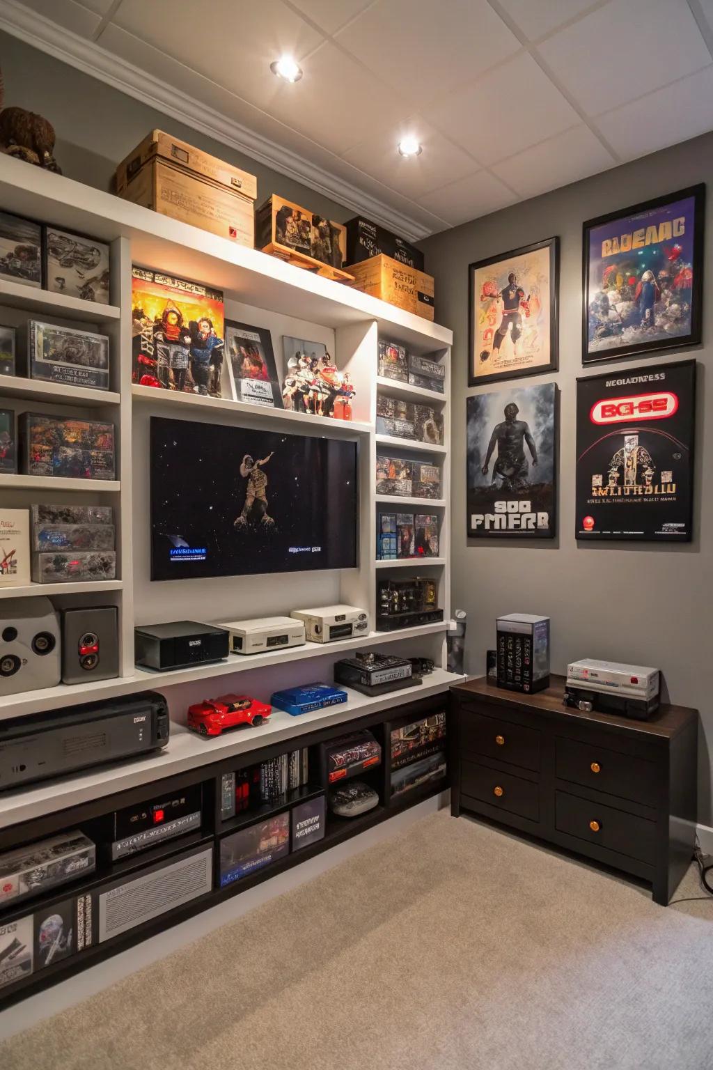 Bespoke shelving provides a fashionable approach to showcase your gaming treasures.