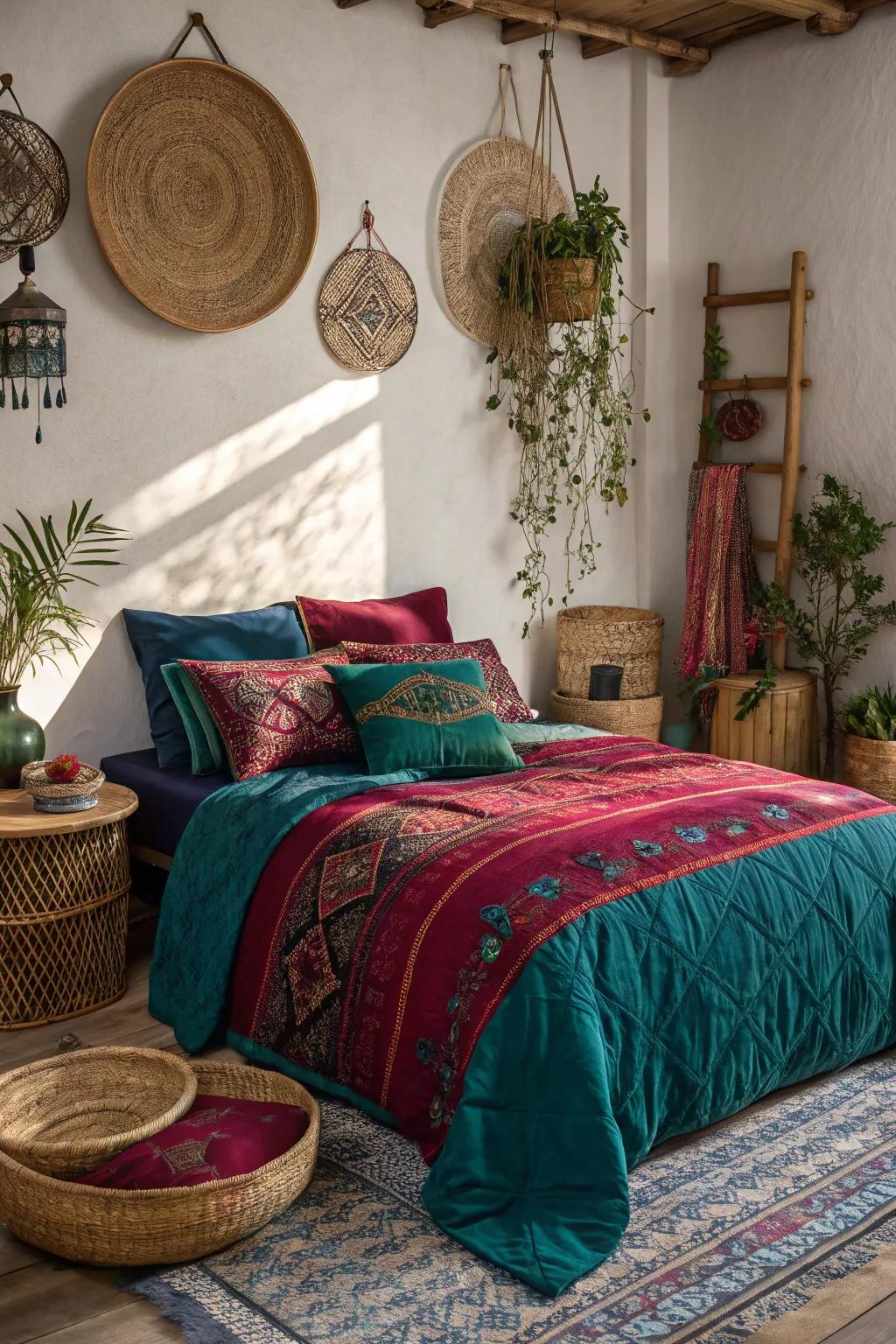 Vibrant bedding makes the bed a focal point in this boho bedroom