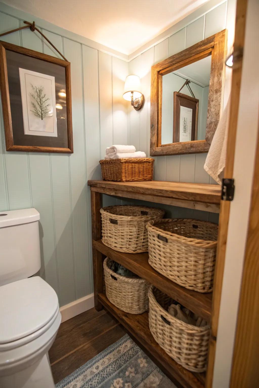 Wicker baskets introduce countryside allure and functional storage.