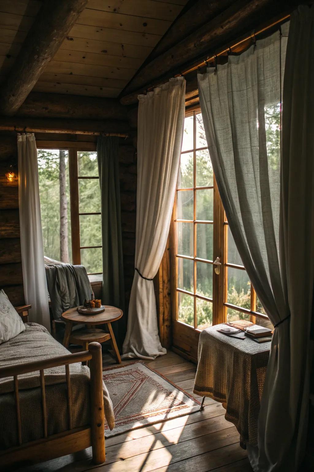 Cabin with vertical textile hangings that enhance perception of height.