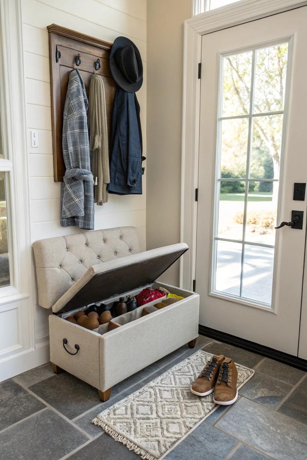 Storage ottomans provide seating and hidden footwear storage.