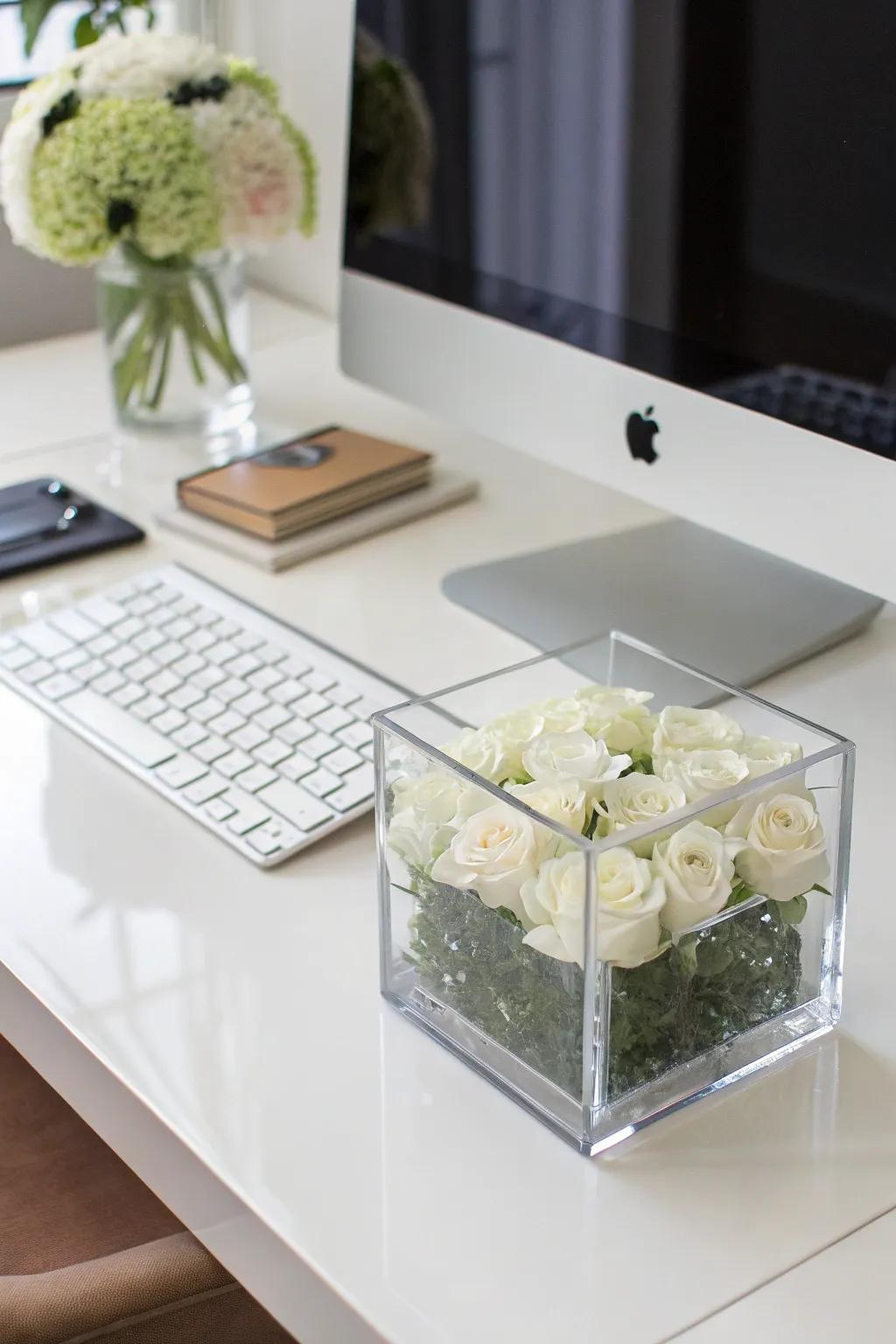 A minimalist hexahedron vase incorporates a streamlined accent to décor.