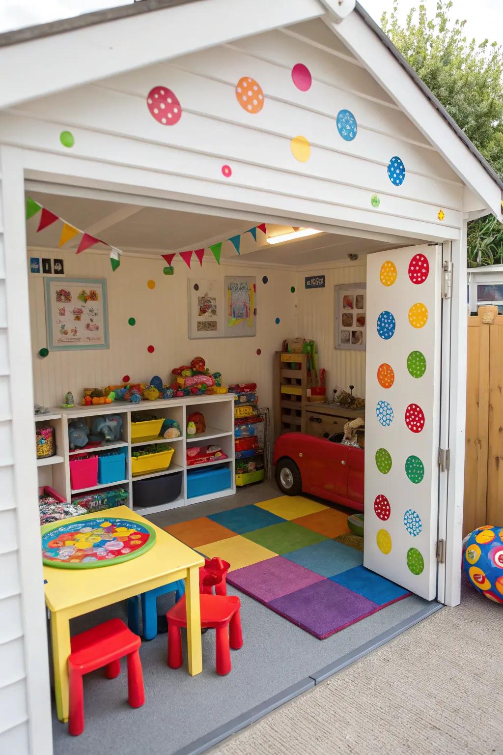 A small garage turned into a playful paradise for children.