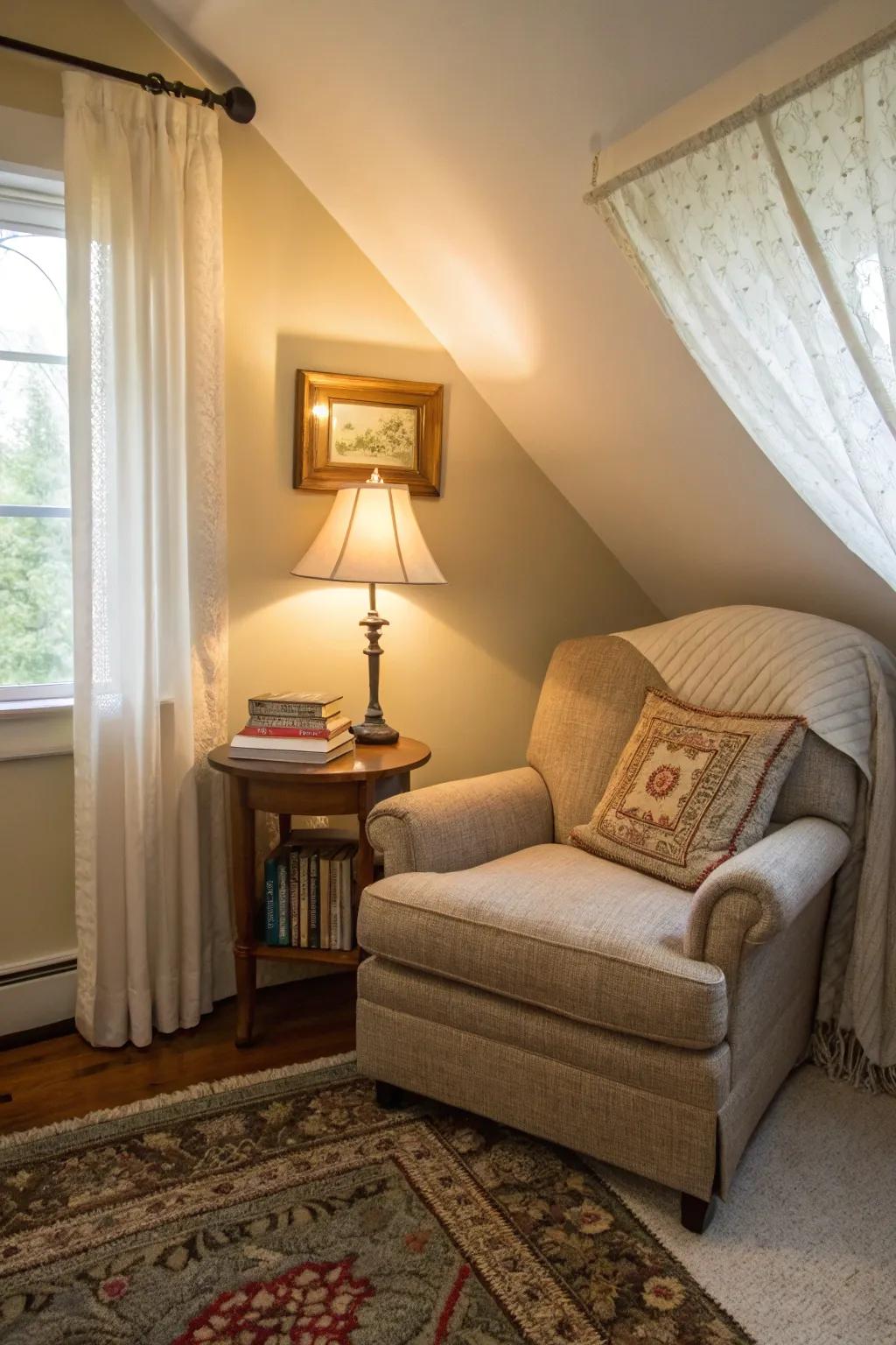 A cozy nook provides comfort and relaxation.