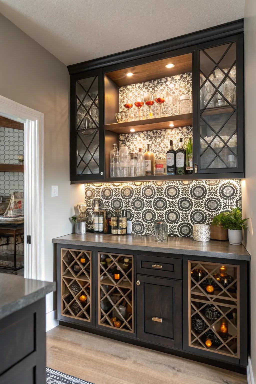 Geometric designs contribute a contemporary and dynamic aura to your home bar.