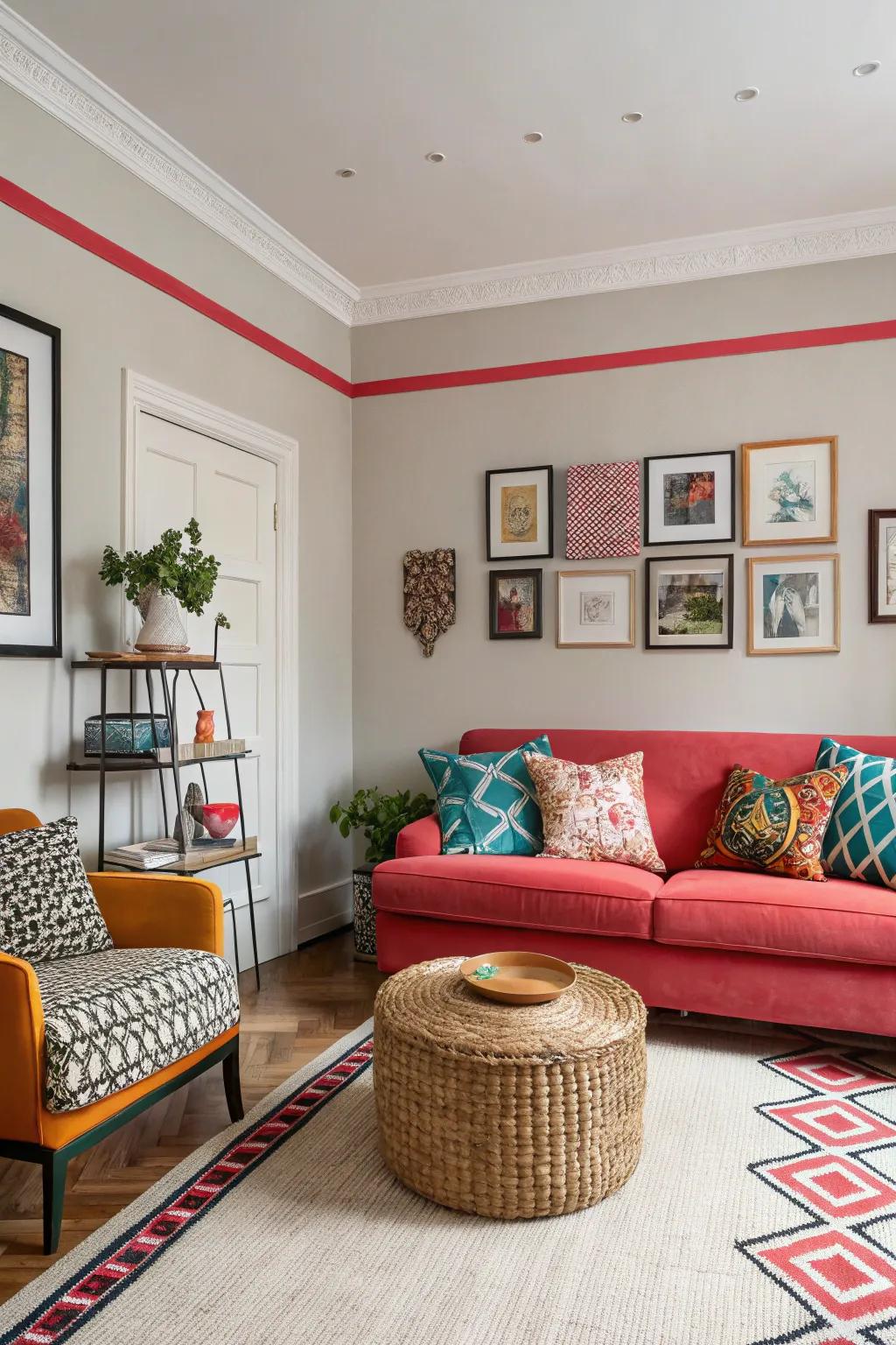 A small living room with contrasting trim for boldness.
