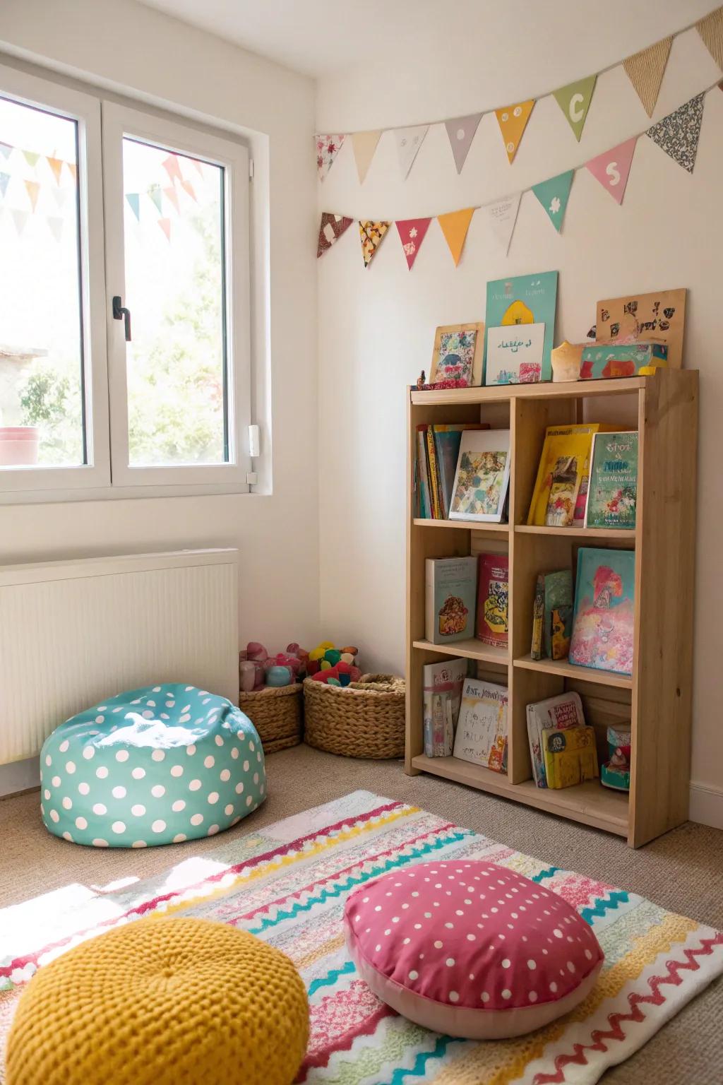 Floor cushions offer a reading spot.