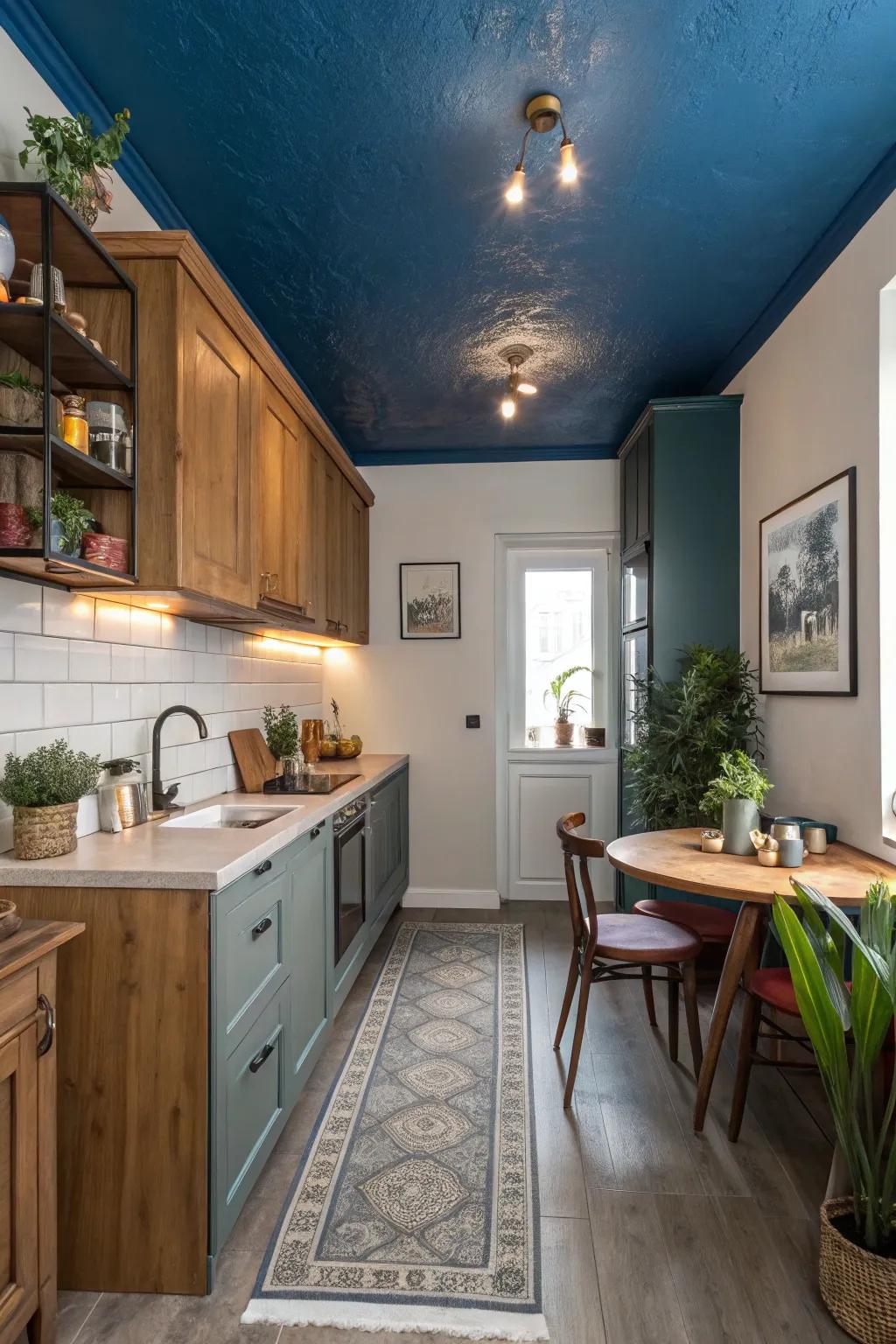 Daringly coated upper spaces infuse smaller kitchens with vibrant personality.