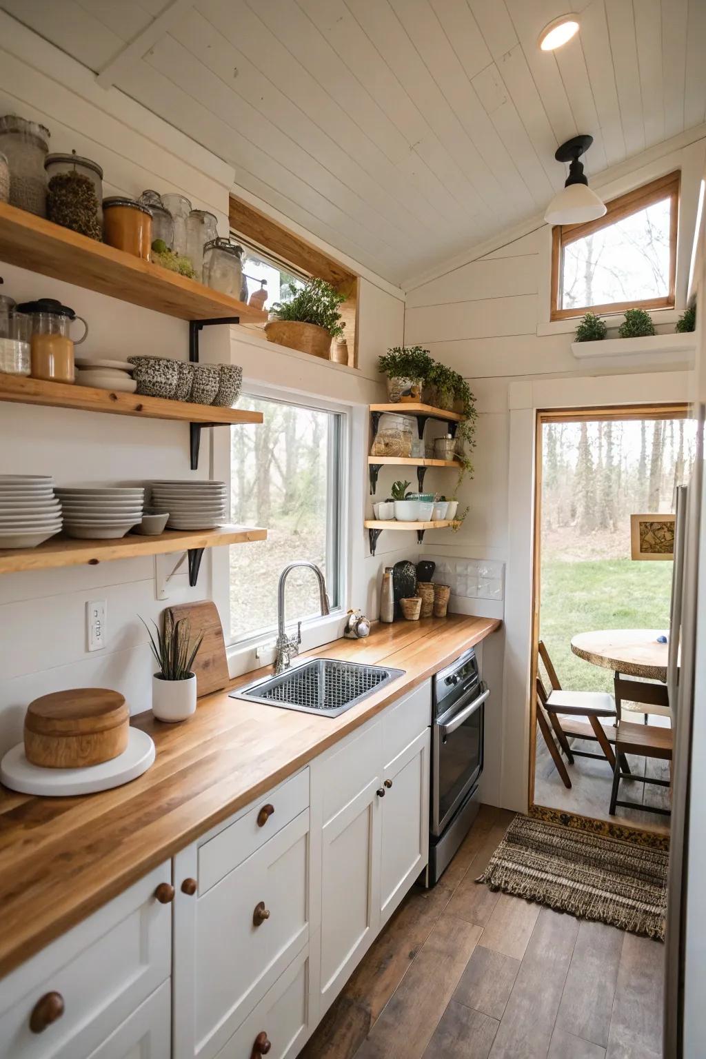 Suspended display surfaces provide useful storage within this smaller cooking space.