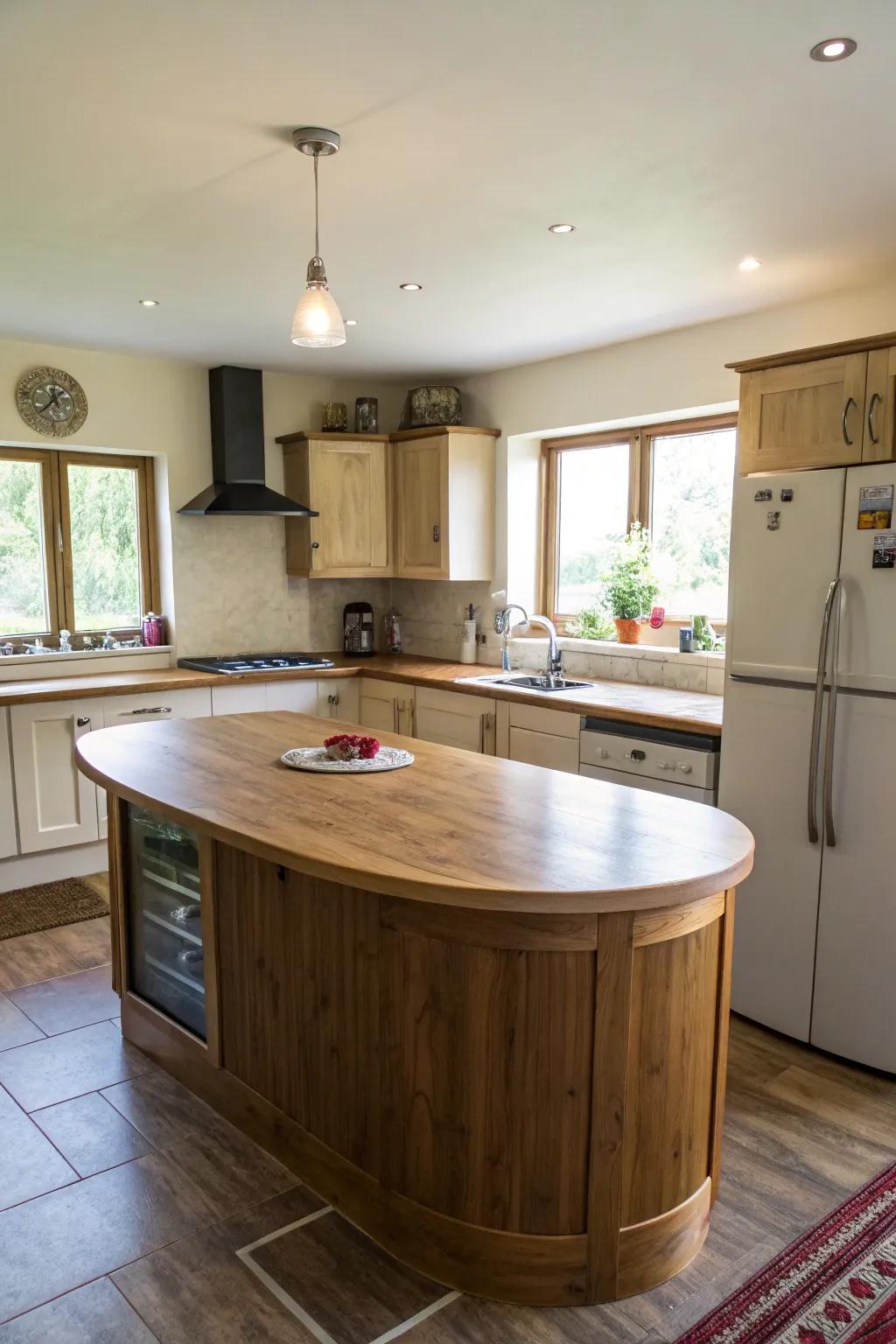 Curved islands add functionality and style to small kitchens.