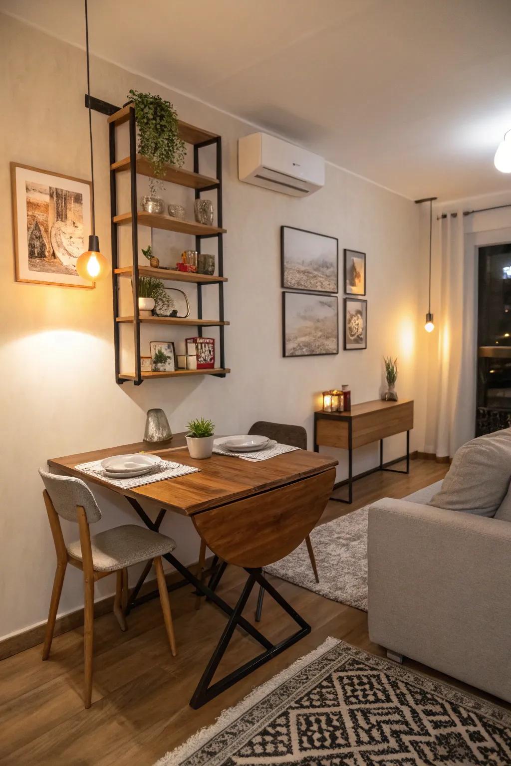 A wall-secured dietary surface economizes area when not actively employed.