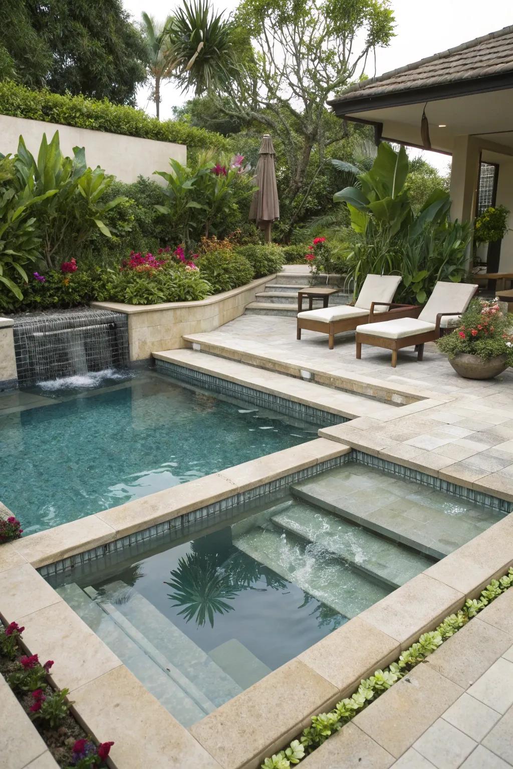 Multi-tiered design delivering varied pool experiences.