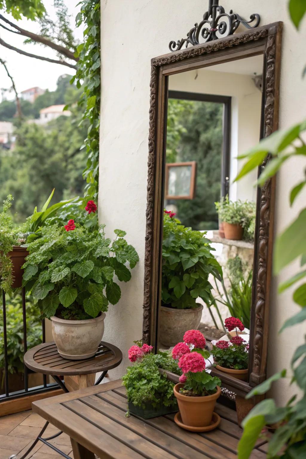 A mirror broadens the visual space of a small patio.