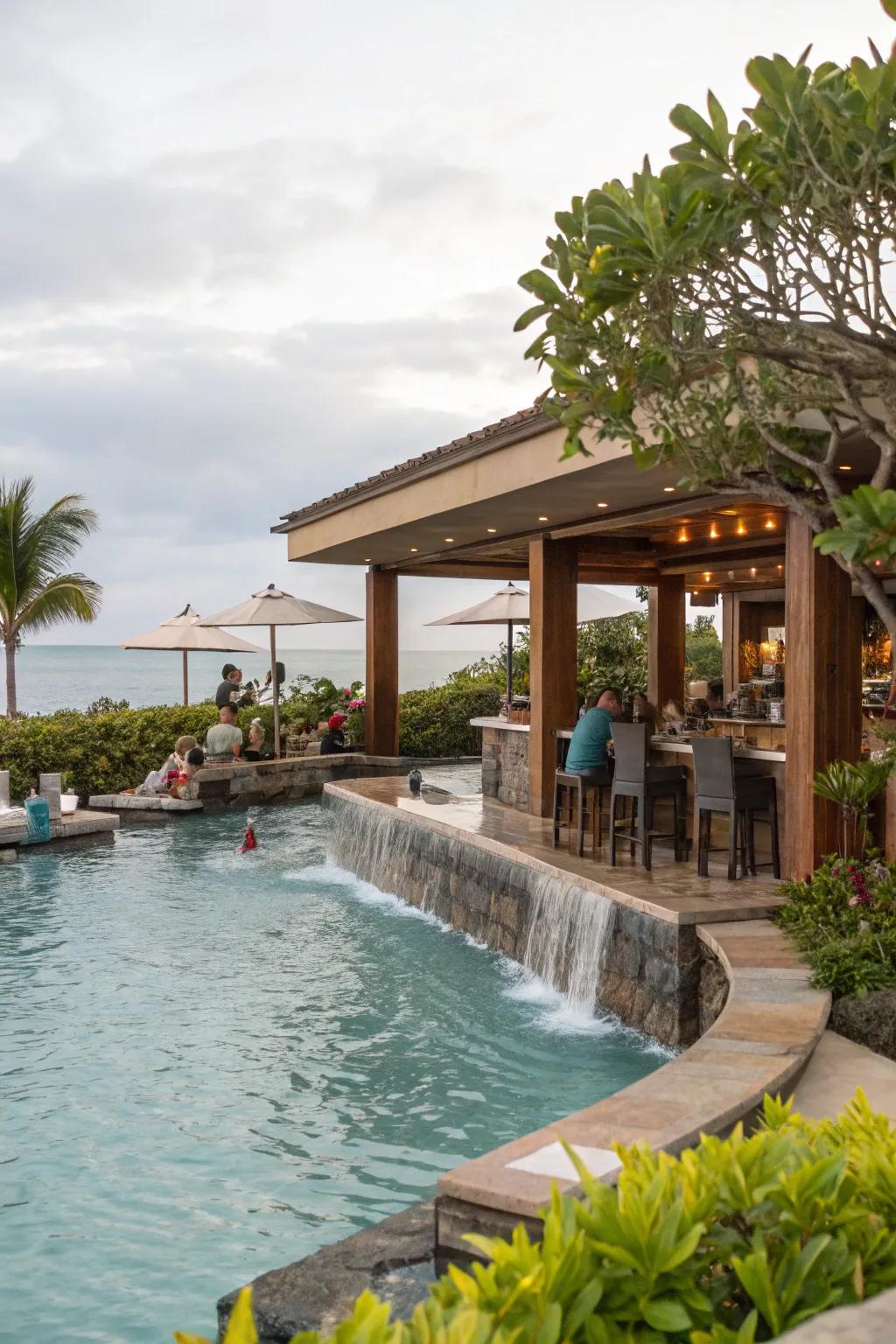 A water element infuses peacefulness and elegance into your poolside bar zone.