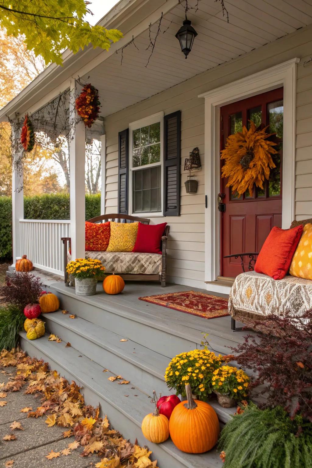 A side porch adorned with seasonal decorations and colorful cushions.