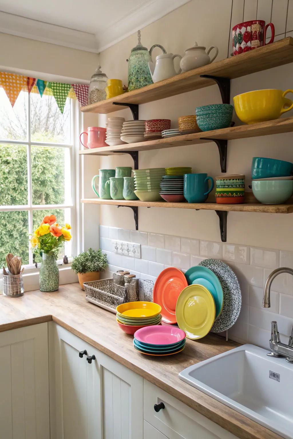 Hanging ledges enhancing storage potential and aesthetic value in a small kitchen setting.