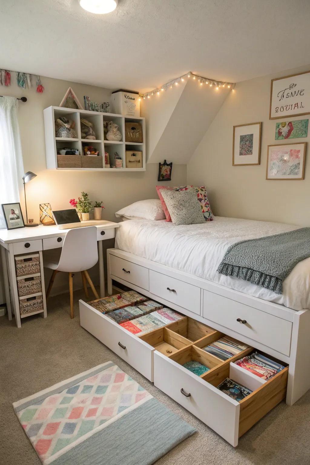 Beneath-bed organizing solutions sustain the area's tidiness and arrangement.