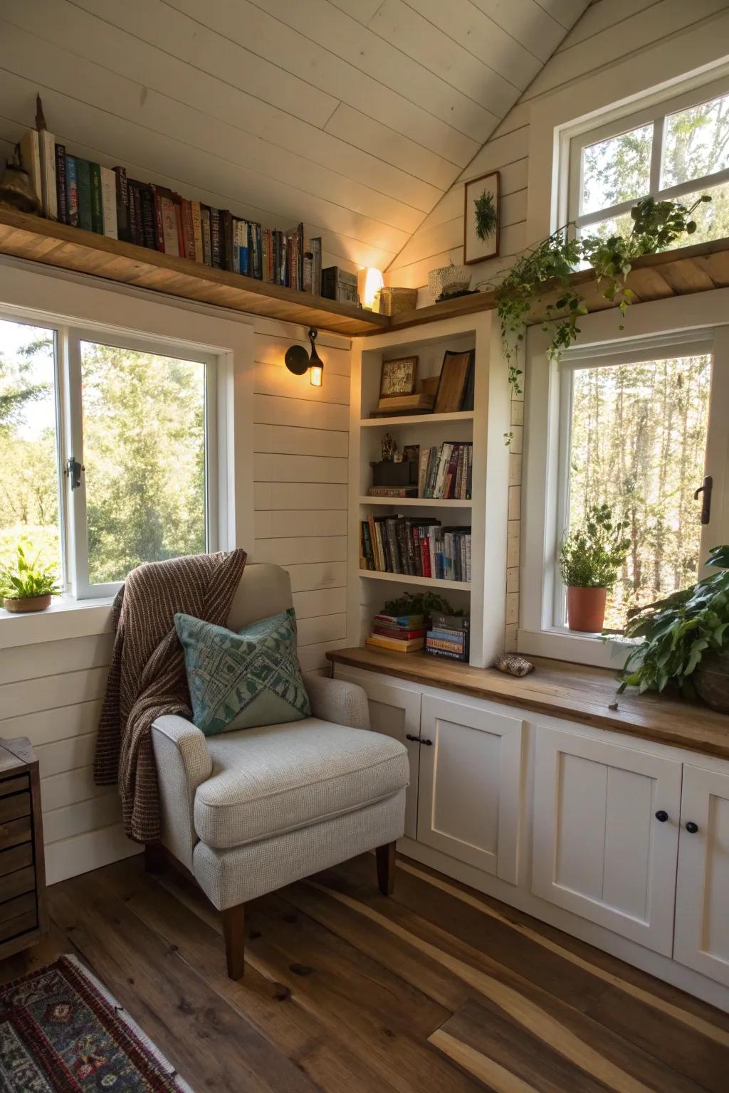 A cozy reading nook offers a peaceful retreat in compact homes.