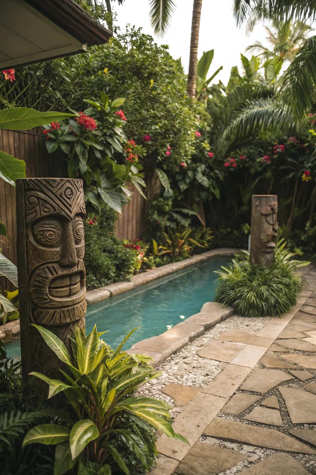 Thematic sculptural art, exemplified by tiki visages, intensifies the tropical ambiance.