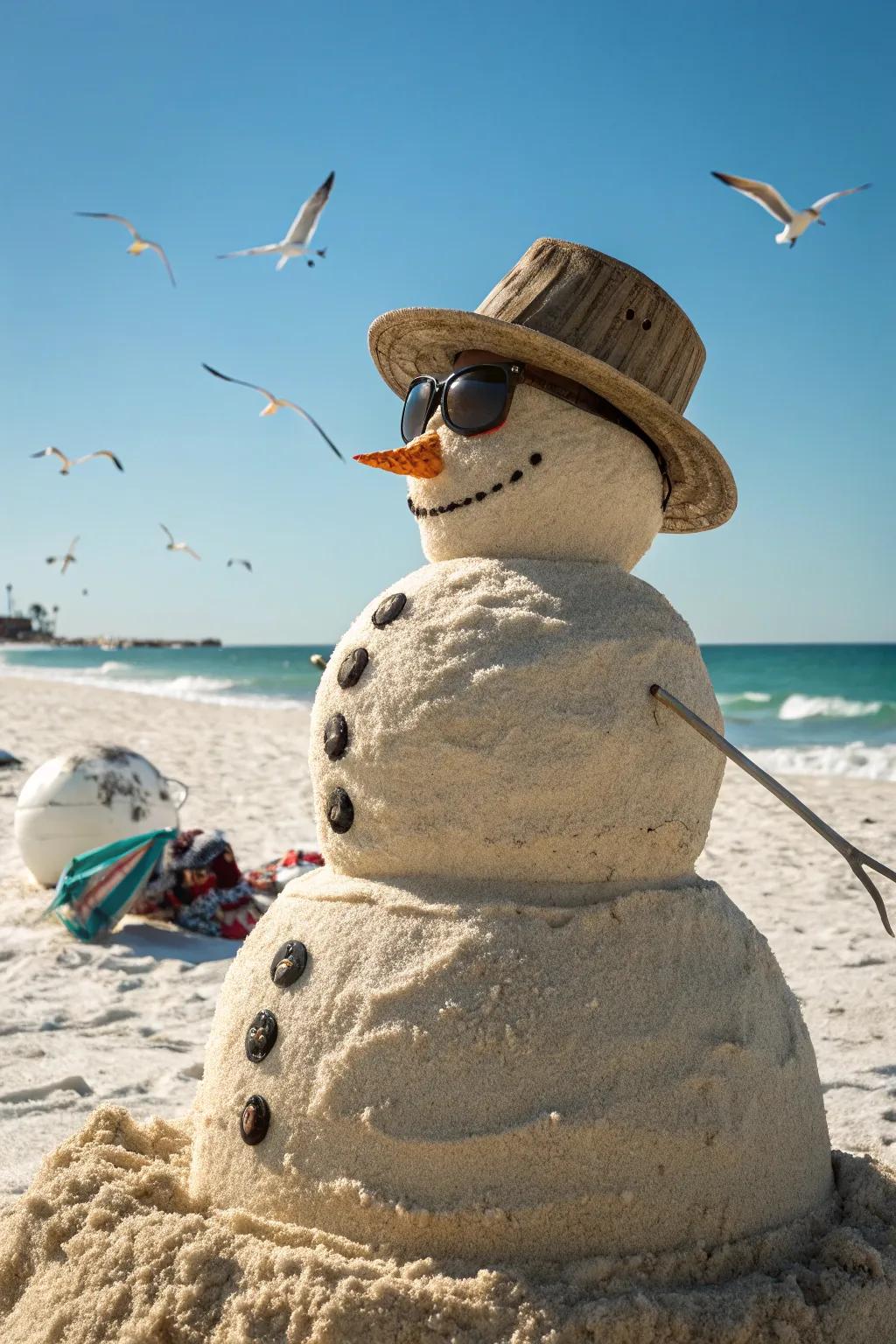 A seashore snow figure relishing the sunlight through littoral accessories.