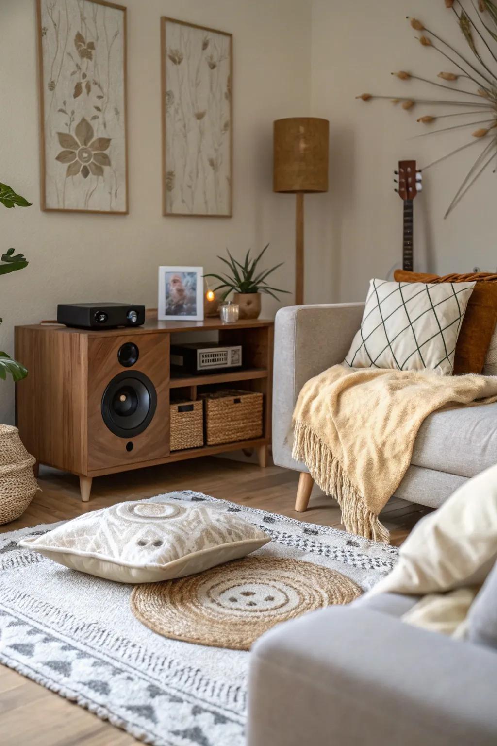 Soft music fashions a tranquil soundscape for ultimate relaxation.