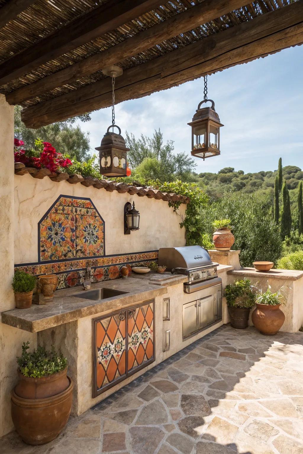 Stucco walls lend a classic Spanish accent to this charming outdoor kitchen.