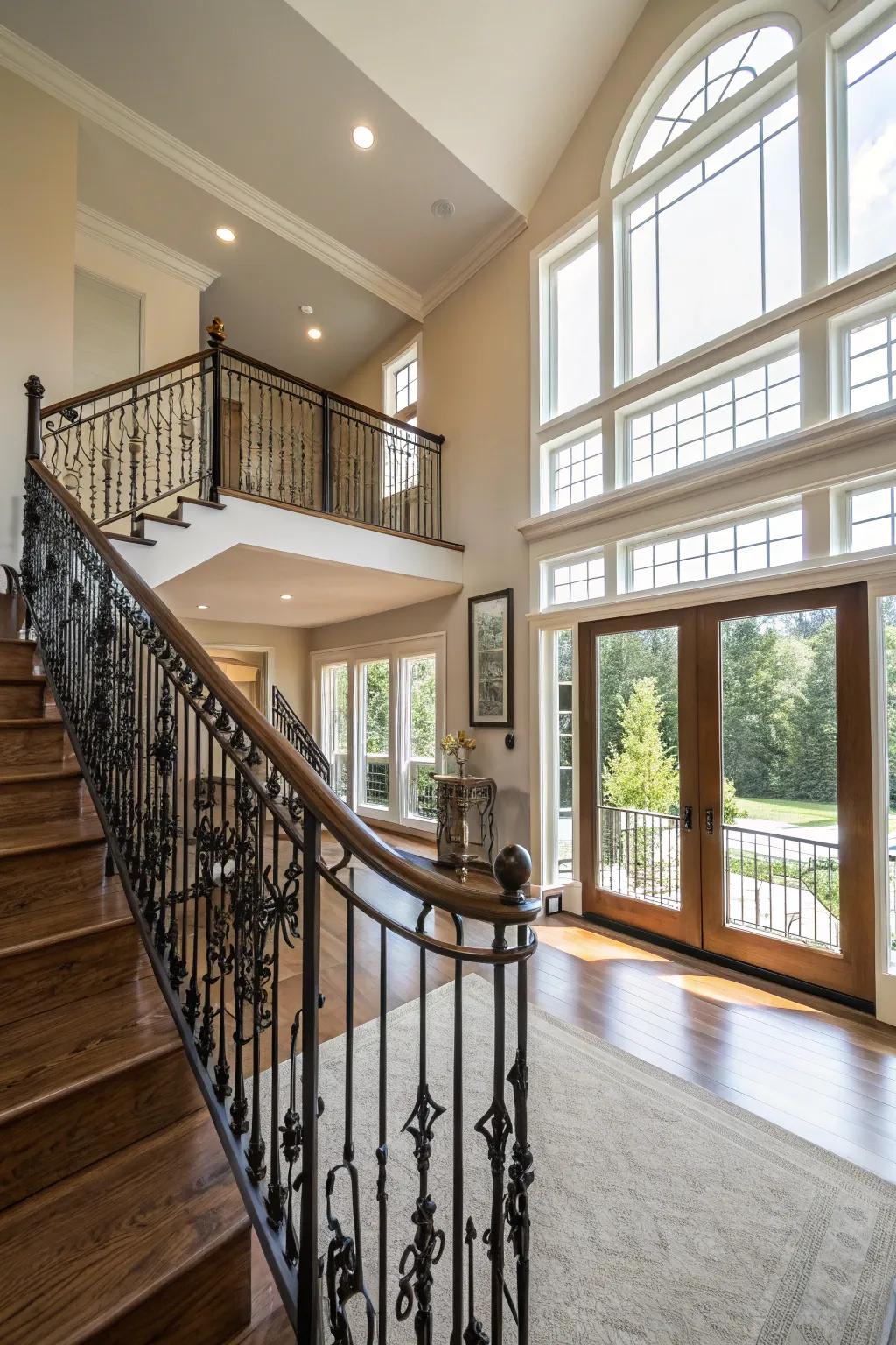 Black iron spindles offering a contemporary cool look in a split-level home.