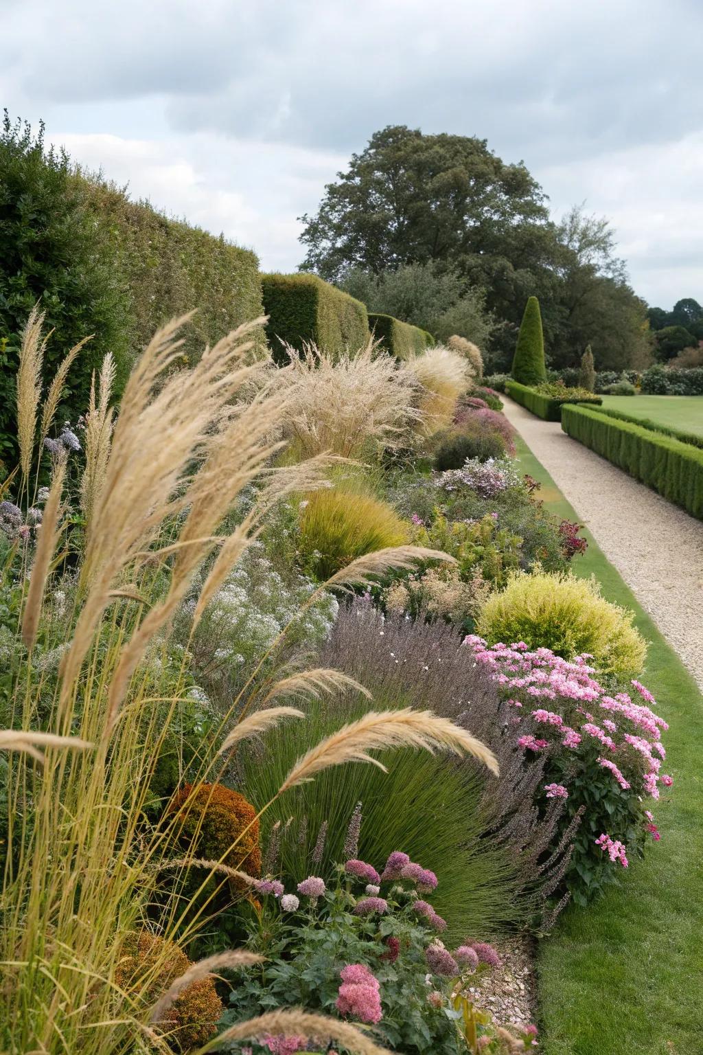 Ornamental grass varieties contribute an artful nuance to garden borders.